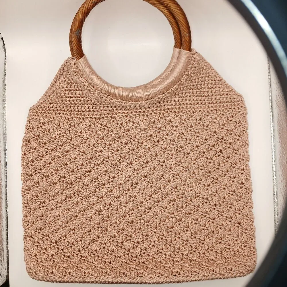 Vintage The Sak Warm Beige Crochet Purse Bag w/ Round Wood Look Plastic Handles
